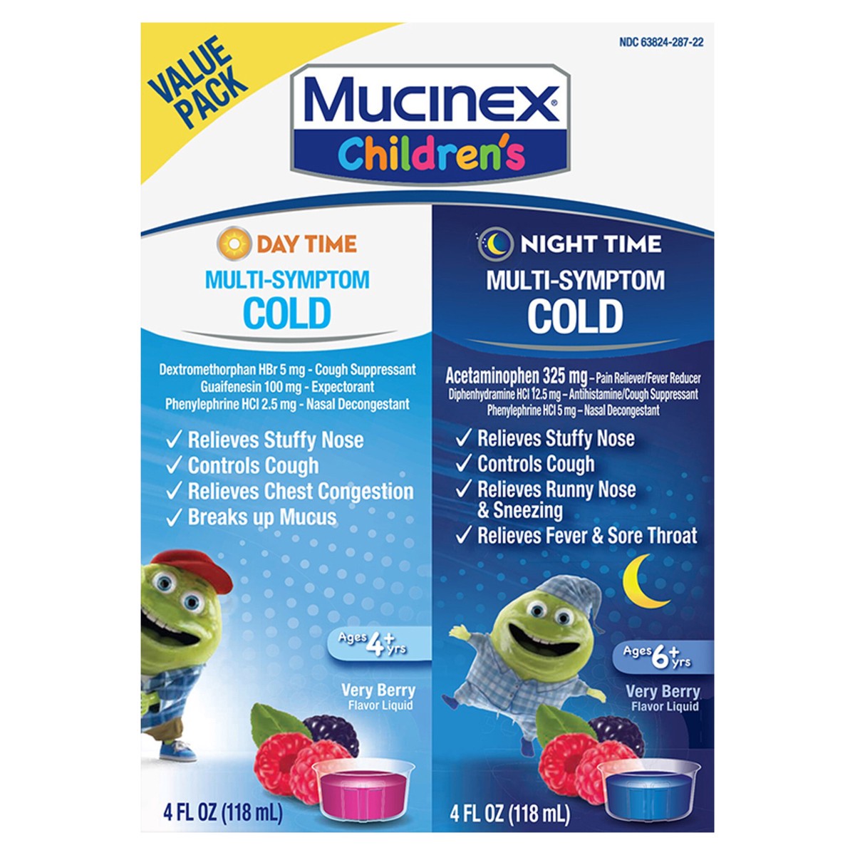 slide 1 of 2, Mucinex Children's Cold Medicine Multi-Symptom Daytime & Nighttime Cold Relief Liquid, 2 x 4 FL OZ (Packaging May Vary), 8 oz