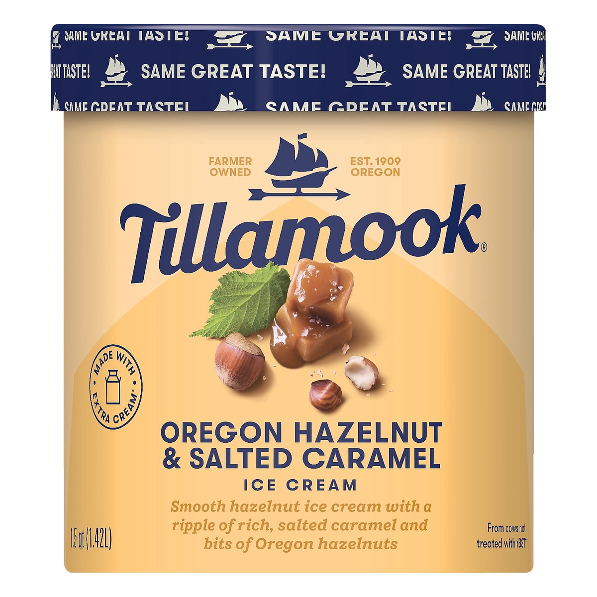 slide 4 of 6, Tillamook Oregon Hazelnut and Salted Caramel Ice Cream, 48fl-oz, 855 g