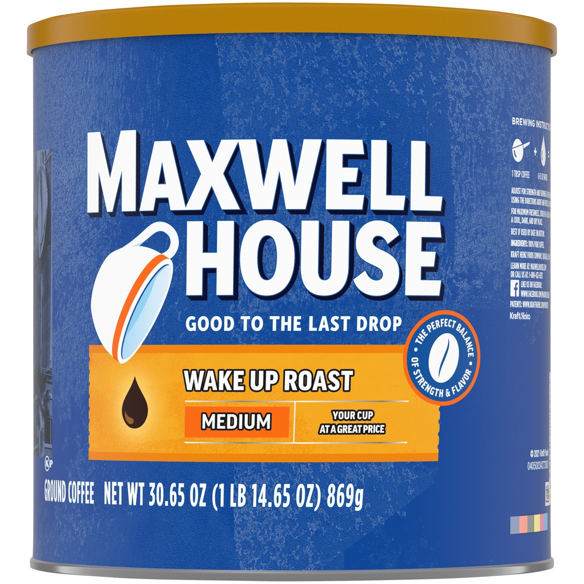 slide 3 of 9, Maxwell House Medium Roast Wake Up Roast Ground Coffee, 30.65 oz. Canister, 30.65 oz