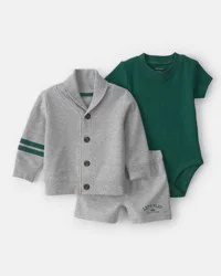 Carter's Baby Boy 3-Piece Varsity Cardigan, Bodysuit & Short Set - Green/Grey 3M
