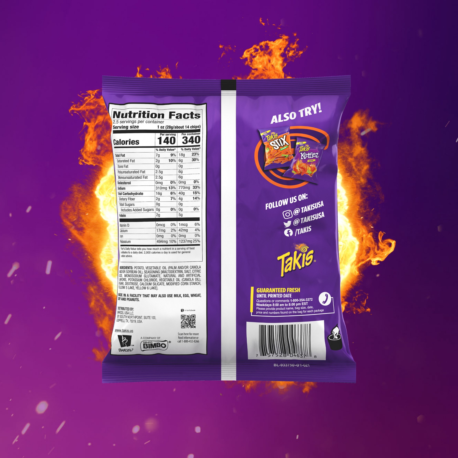 slide 5 of 7, Takis Habanero Fury Kettlez 2.5 oz Snack Size Bag, Habanero Flavored Hot Spicy Kettle-Cooked Potato Chips, 2.5 oz