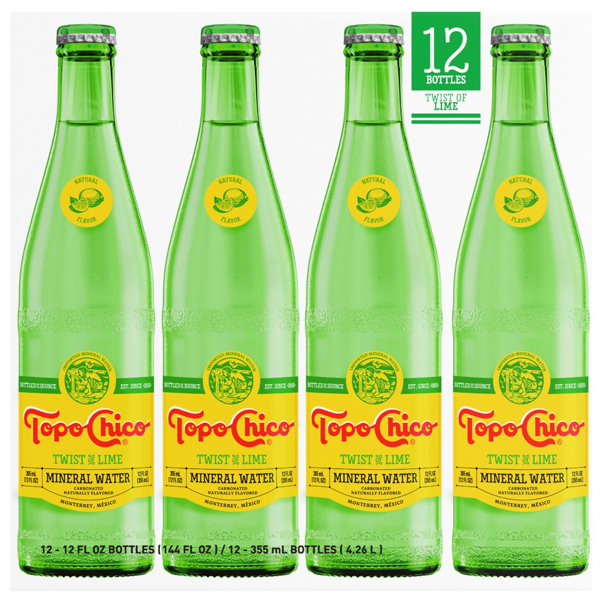 slide 1 of 3, Topo Chico Mineral Water Twist of Lime Glass Bottles, 12 fl oz, 12 Pack, 12 ct; 12 oz