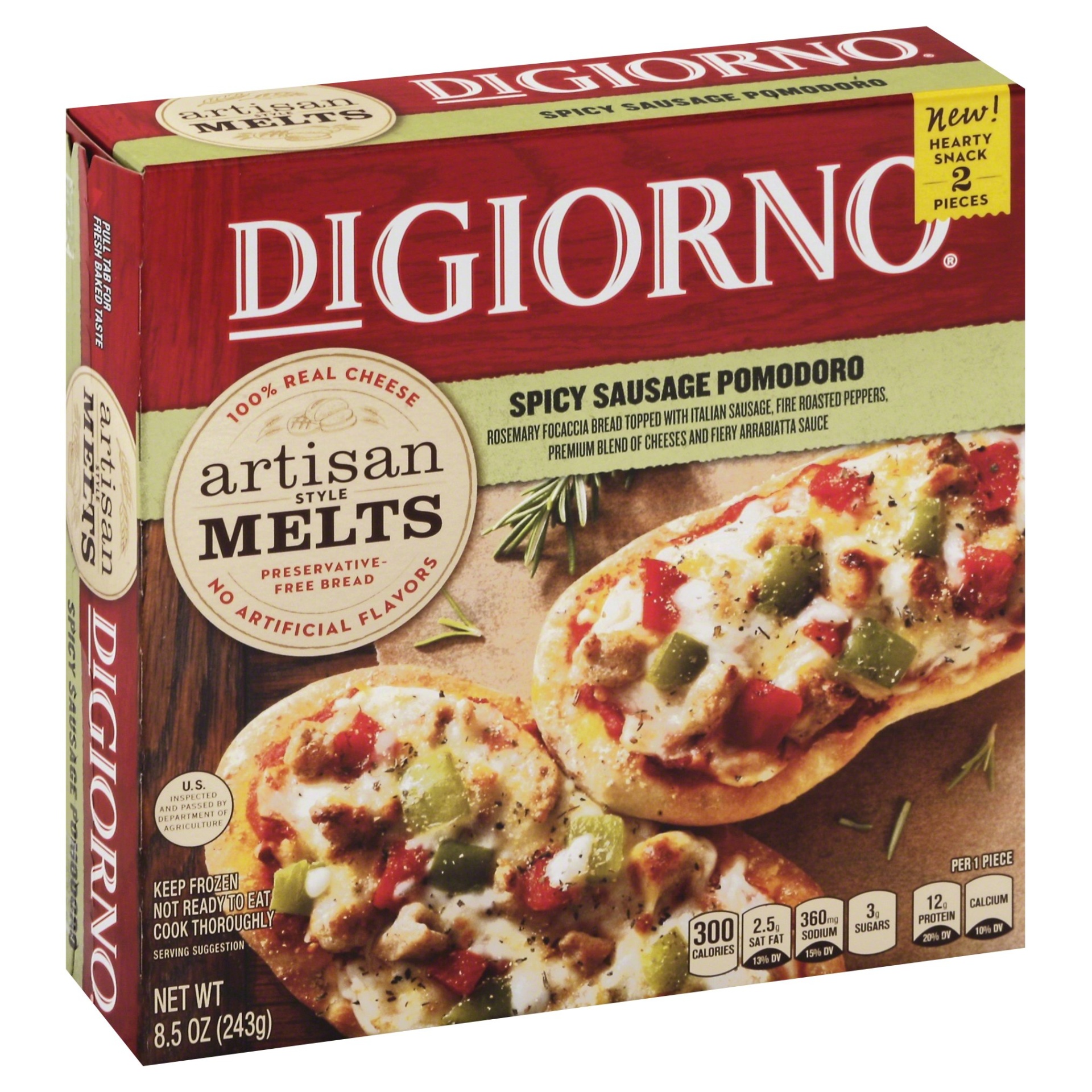 slide 1 of 4, DiGiorno Artisan Style Melts Spicy Sausage Pomodoro Pizza, 8.5 oz