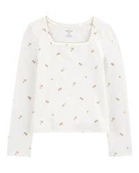 Oshkosh Kid Long-Sleeve Floral Cotton Rib Tee Ivory 10