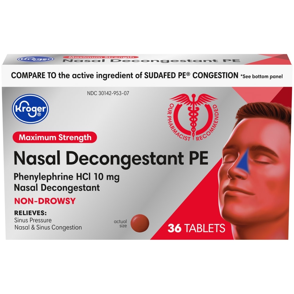 slide 1 of 1, Kroger Maximum Strength Non-Drowsy Nasal Decongestant Pe Tablets 10Mg, 36 ct
