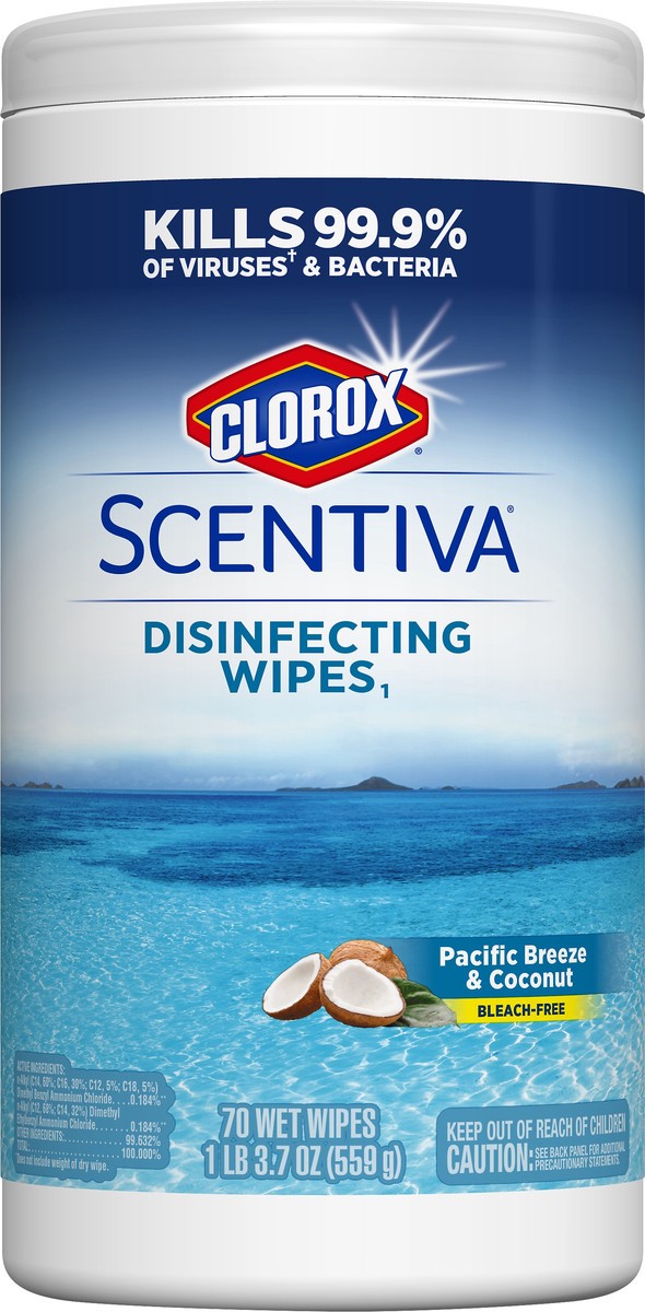 slide 5 of 5, Scentiva Bleach-Free Pacific Breeze & Coconut Disinfecting Wipes 70 ea, 70 ct