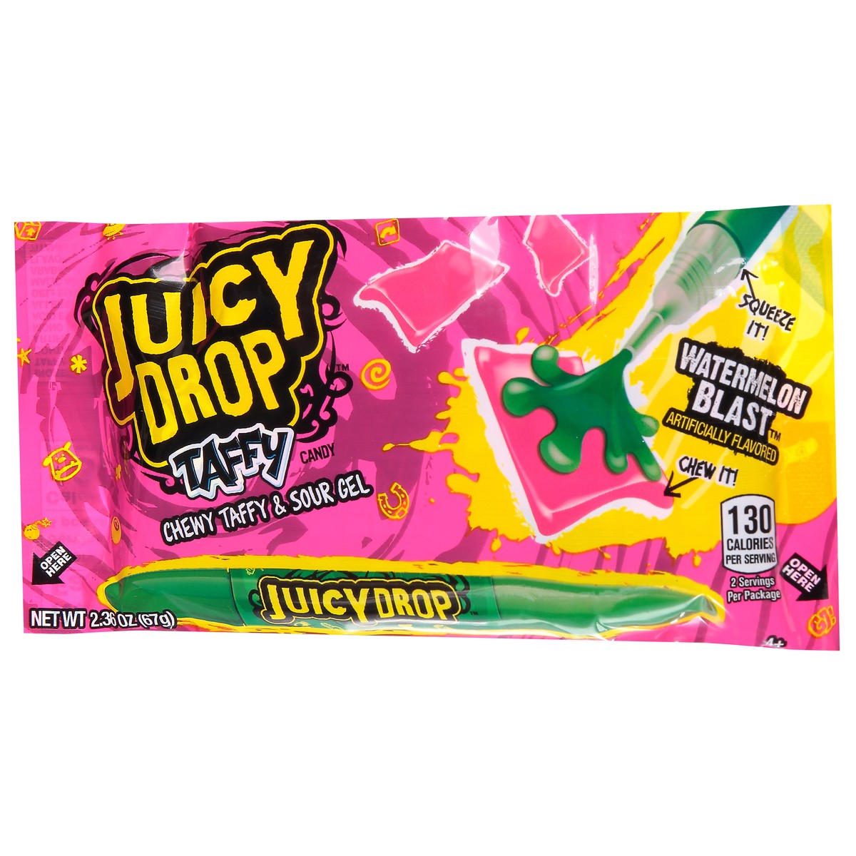 slide 4 of 9, Juicy Drop Taffy Sweet Chewy Candy with Sour Gel Pen, Assorted Flavors, 2.36 oz