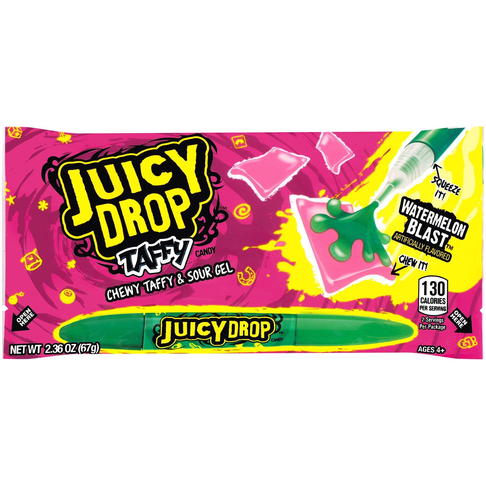 slide 1 of 9, Juicy Drop Taffy Sweet Chewy Candy with Sour Gel Pen, Assorted Flavors, 2.36 oz