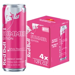 Red Bull Summer Edition Energy Drink, White Peach, 12 fl. oz., Pack of 4 cans, with 114mg Caffeine, Taurine & B Vitamins