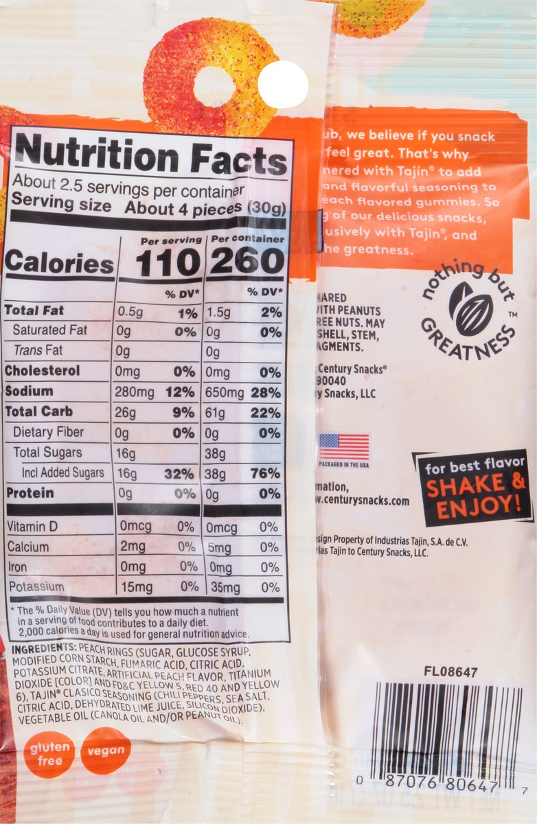 slide 4 of 13, Snak Club Mild Tajin Chili & Lime Seasoned Peach Rings Snak Size 2.5 oz, 2.5 oz