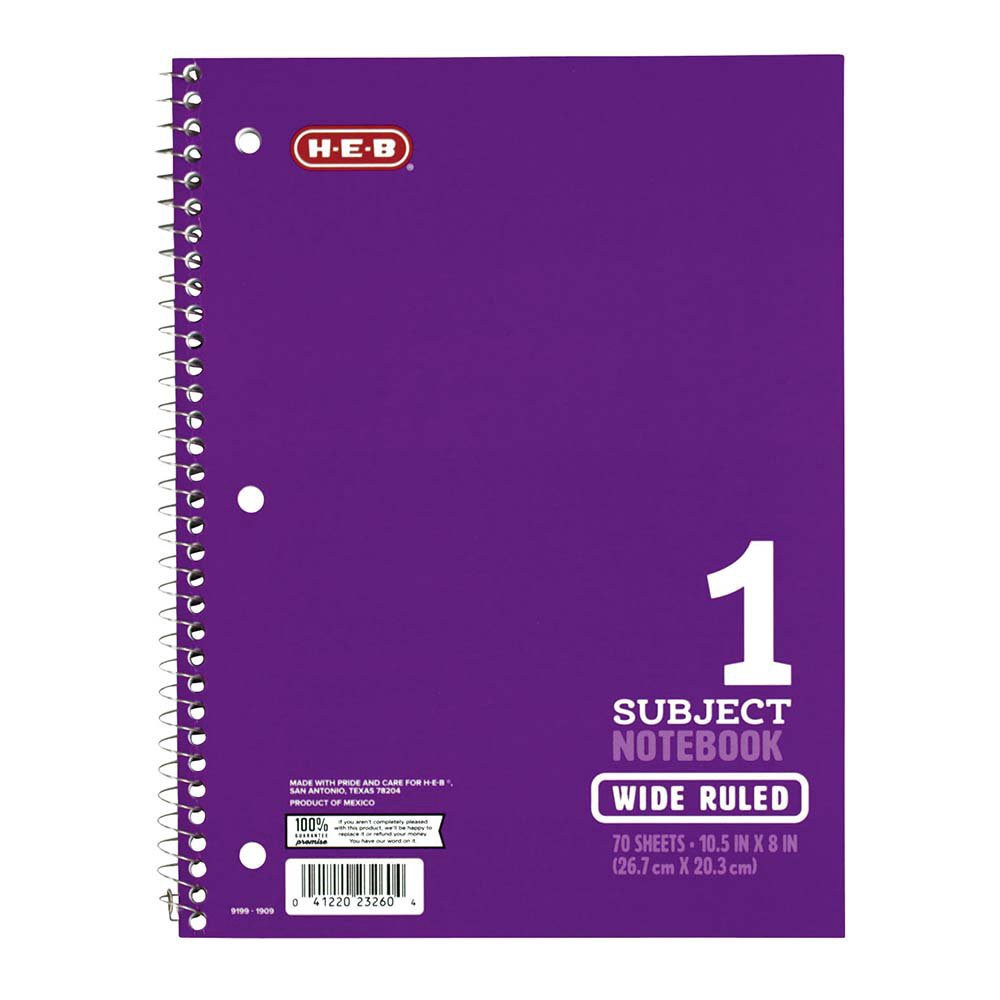slide 1 of 1, H-E-B 1 Subject Purple Wide-Ruled Notebook, 70 ct