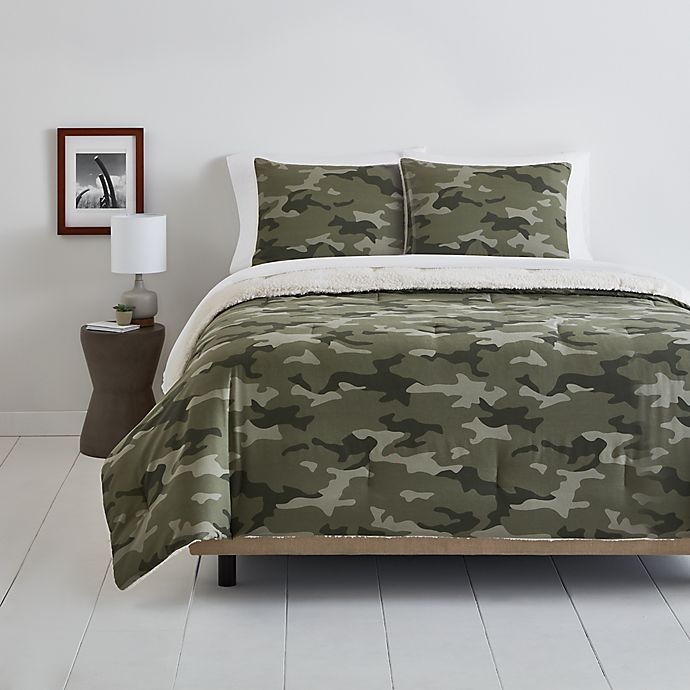 slide 1 of 3, Simply Essential Camo Sherpa Reversible Twin/Twin XL Comforter Set - Green, 2 ct