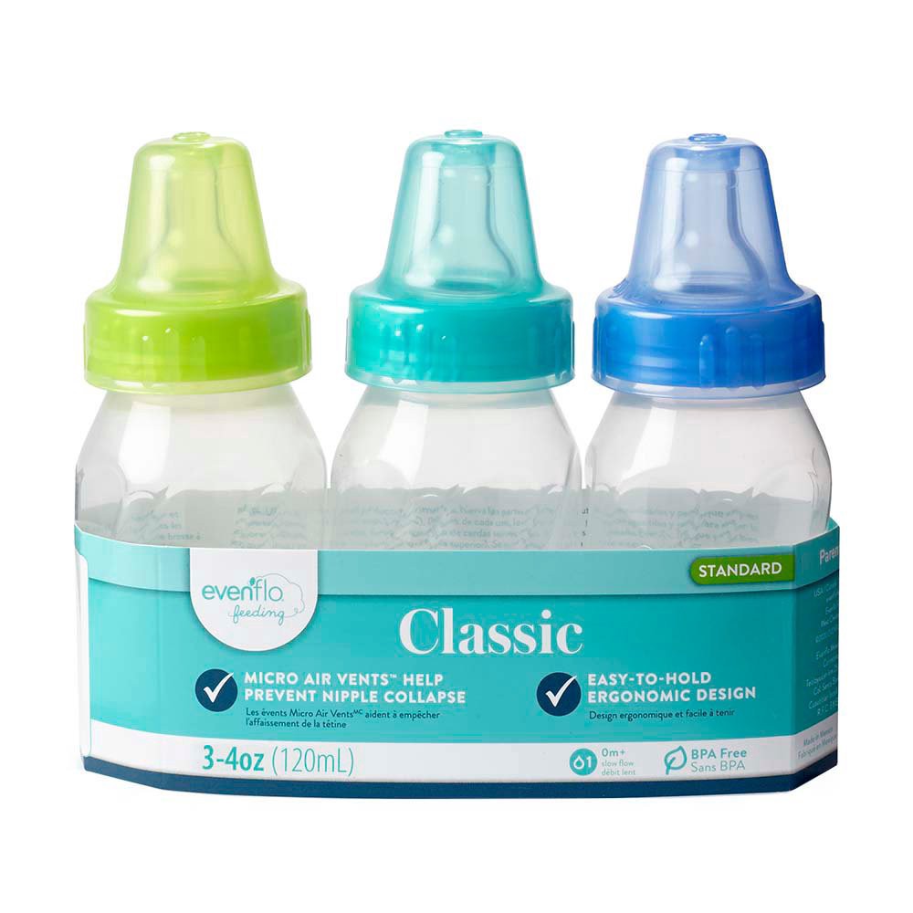 slide 1 of 1, Evenflo Bottles, 4 oz, Slow Flow 1, (0-3 m), 3 ct