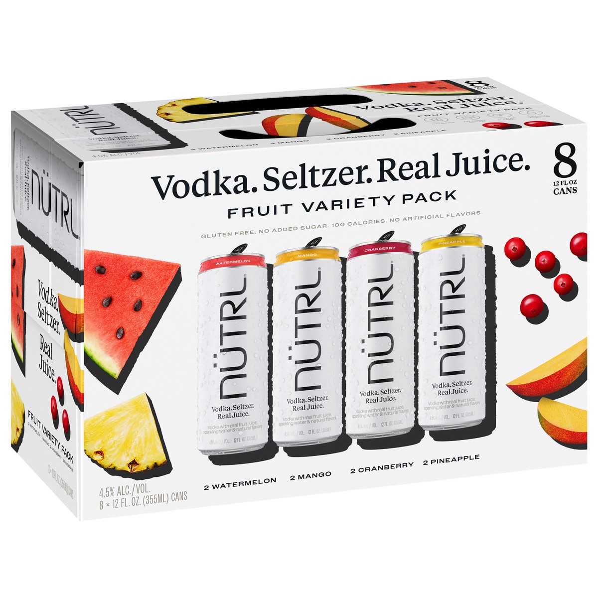 slide 5 of 9, NUTRL Vodka Hard Seltzer, Real Fruit Juice Variety Pack, Gluten Free, 8 Pack, 12 FL OZ Slim Cans, 96 fl oz