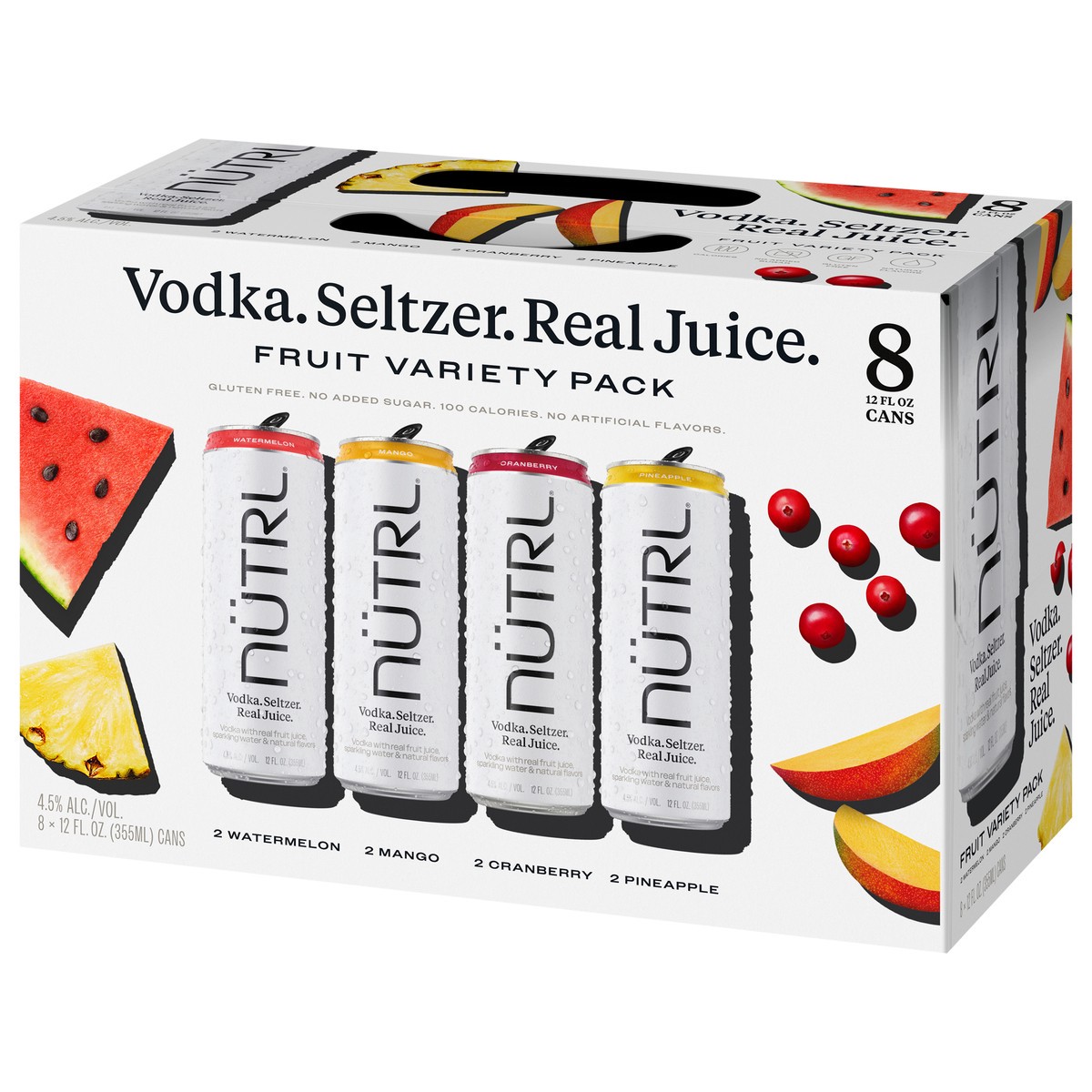 slide 9 of 9, NUTRL Vodka Hard Seltzer, Real Fruit Juice Variety Pack, Gluten Free, 8 Pack, 12 FL OZ Slim Cans, 96 fl oz