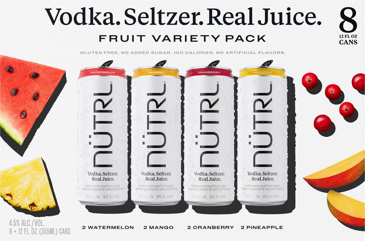 slide 2 of 9, NUTRL Vodka Hard Seltzer, Real Fruit Juice Variety Pack, Gluten Free, 8 Pack, 12 FL OZ Slim Cans, 96 fl oz