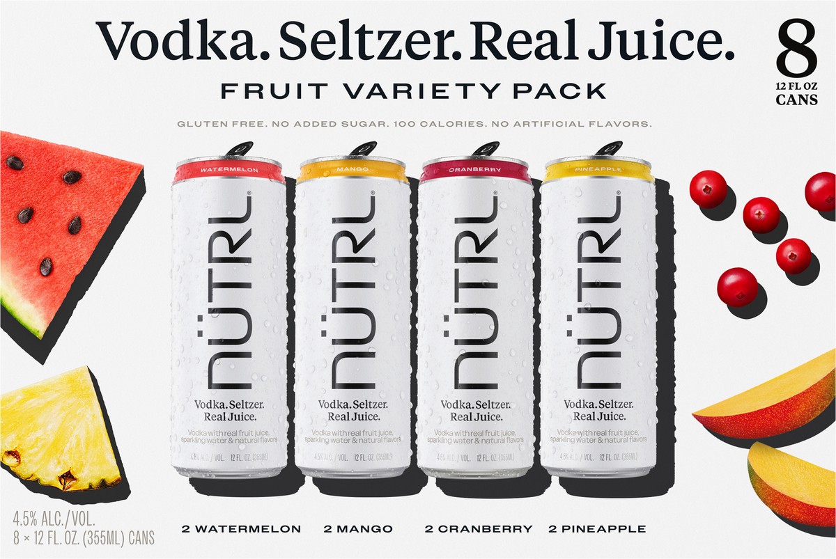 slide 3 of 9, NUTRL Vodka Hard Seltzer, Real Fruit Juice Variety Pack, Gluten Free, 8 Pack, 12 FL OZ Slim Cans, 96 fl oz