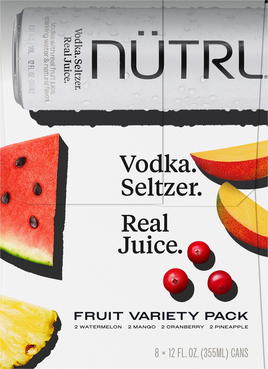 slide 8 of 9, NUTRL Vodka Hard Seltzer, Real Fruit Juice Variety Pack, Gluten Free, 8 Pack, 12 FL OZ Slim Cans, 96 fl oz