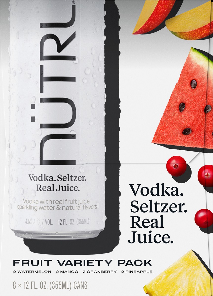 slide 7 of 9, NUTRL Vodka Hard Seltzer, Real Fruit Juice Variety Pack, Gluten Free, 8 Pack, 12 FL OZ Slim Cans, 96 fl oz