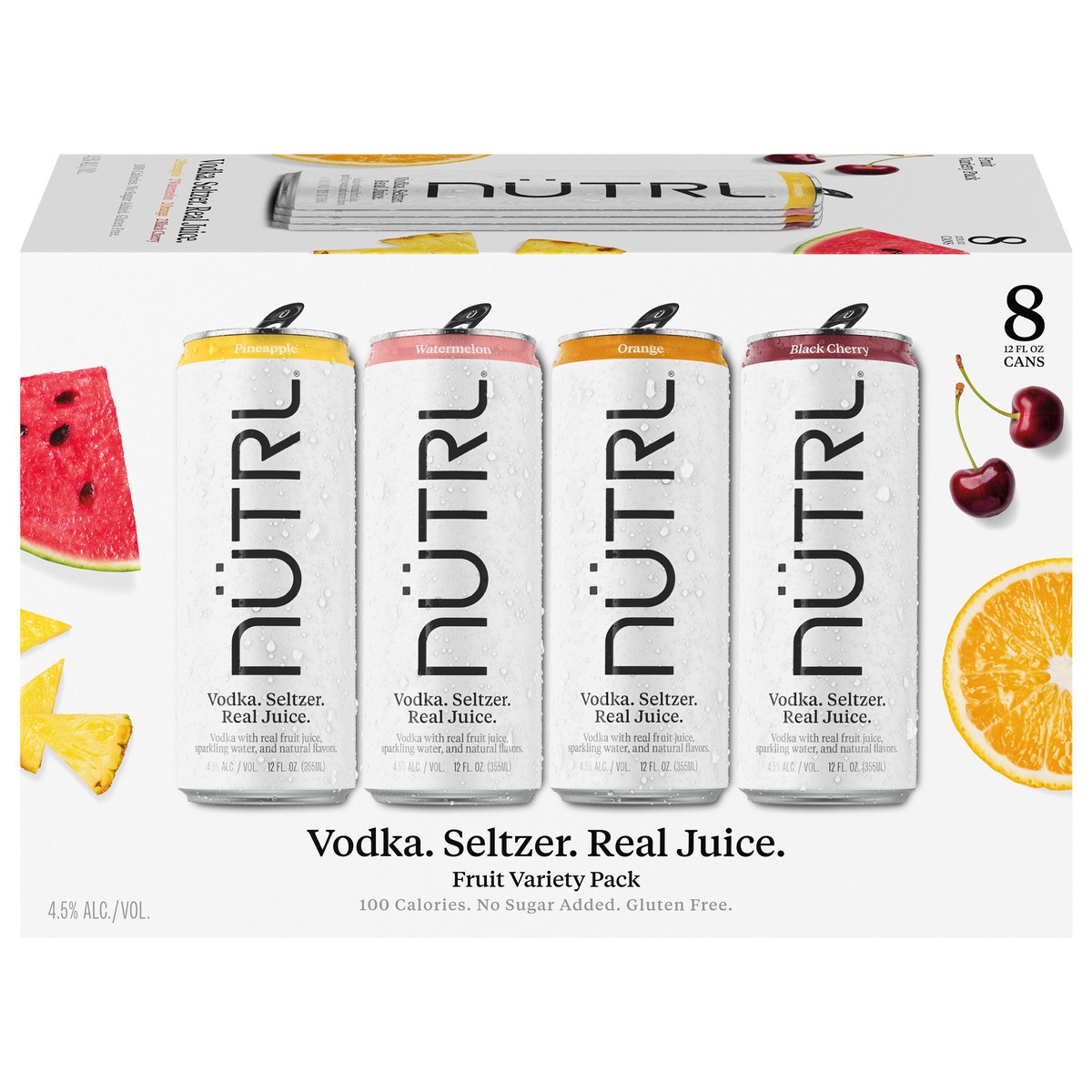 slide 1 of 9, NUTRL Vodka Hard Seltzer, Real Fruit Juice Variety Pack, Gluten Free, 8 Pack, 12 FL OZ Slim Cans, 96 fl oz