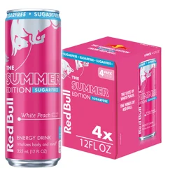 Red Bull Summer Edition Sugarfree Energy Drink, White Peach, 12 fl. oz., Pack of 4 cans, with 114mg Caffeine, Taurine & B Vitamins