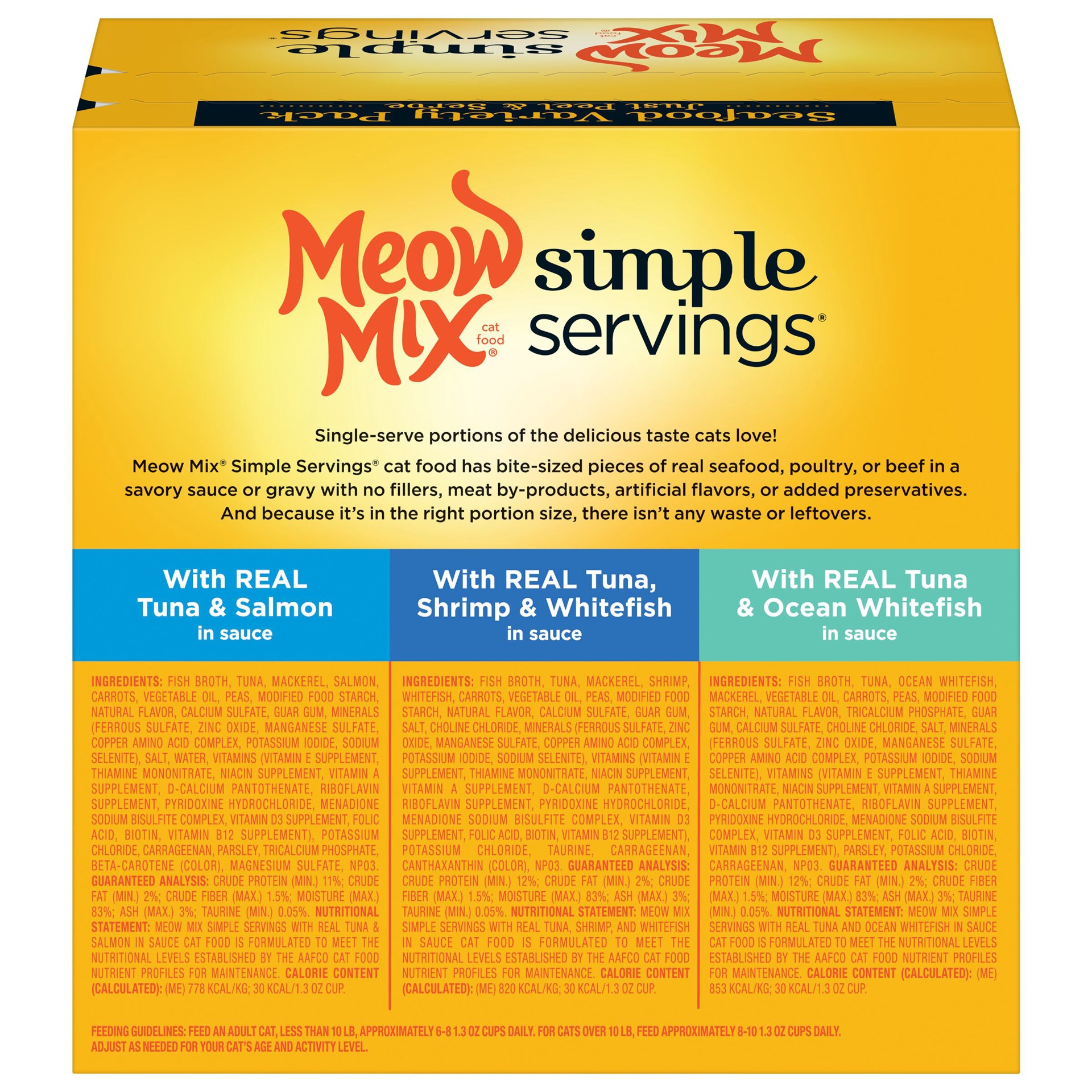 slide 2 of 9, Meow Mix Simple Servings Wet Cat Food Seafood Variety Pack, 1.3oz Cups, 12 ct., 15.6 oz