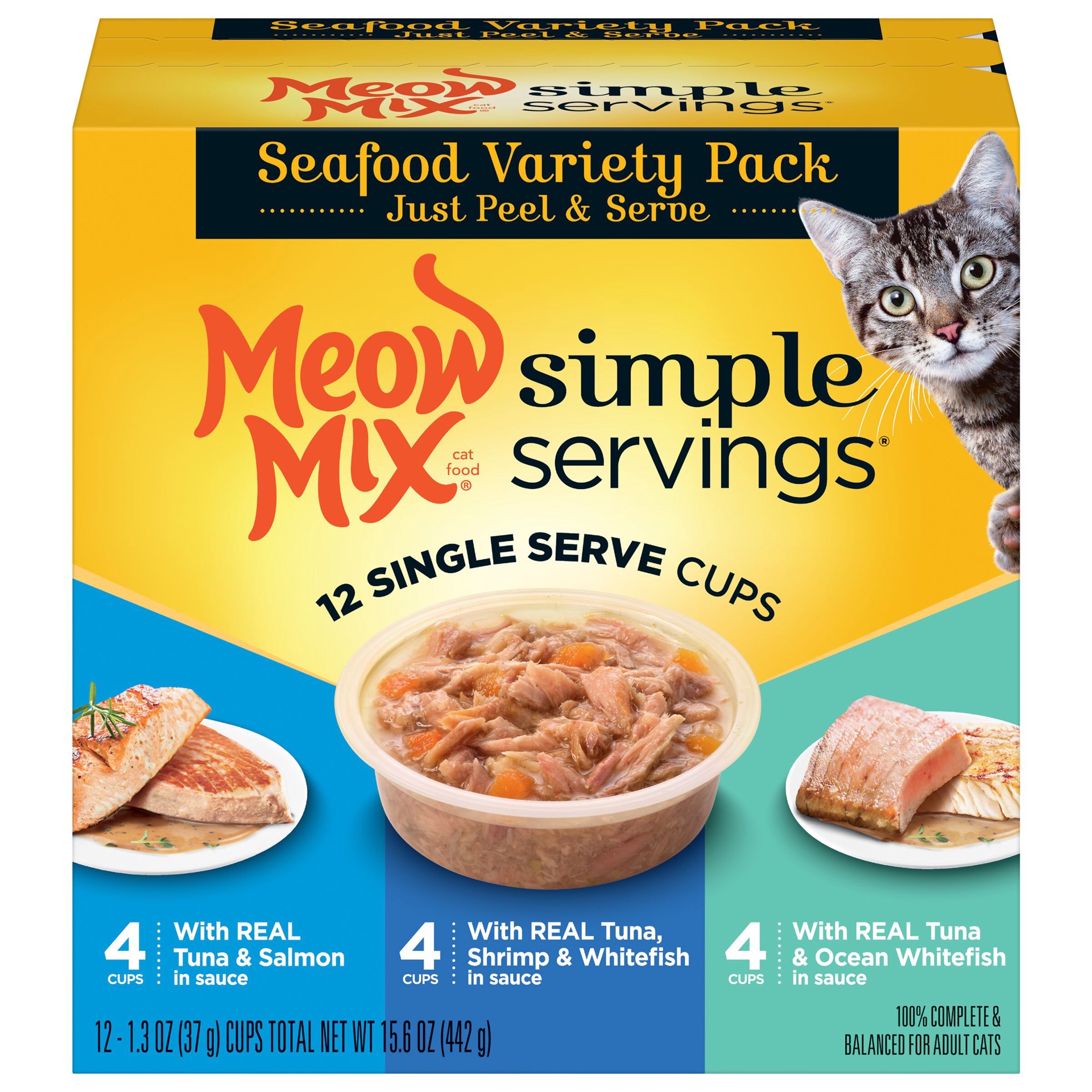 slide 1 of 9, Meow Mix Simple Servings Wet Cat Food Seafood Variety Pack, 1.3oz Cups, 12 ct., 15.6 oz