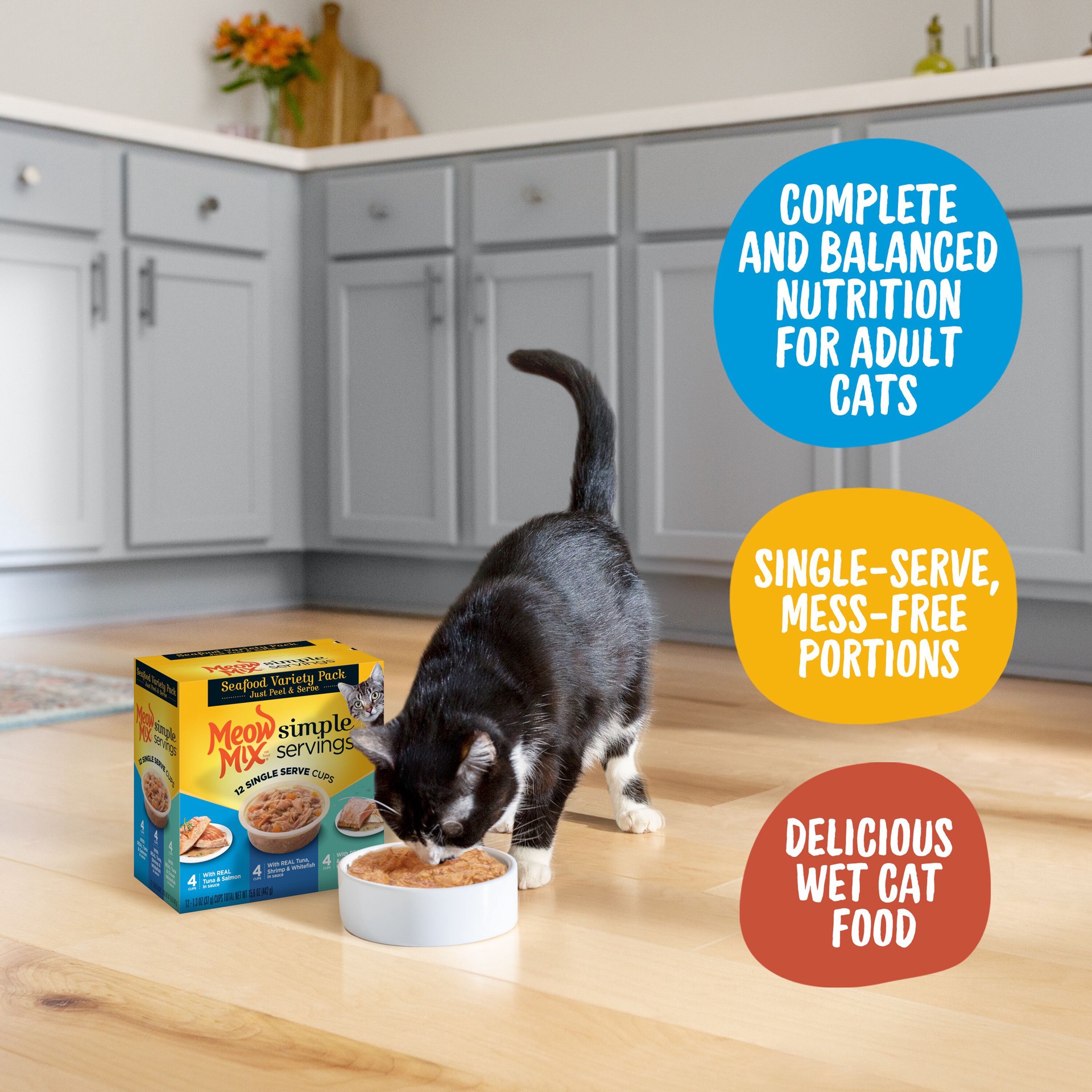 slide 5 of 9, Meow Mix Simple Servings Wet Cat Food Seafood Variety Pack, 1.3oz Cups, 12 ct., 15.6 oz