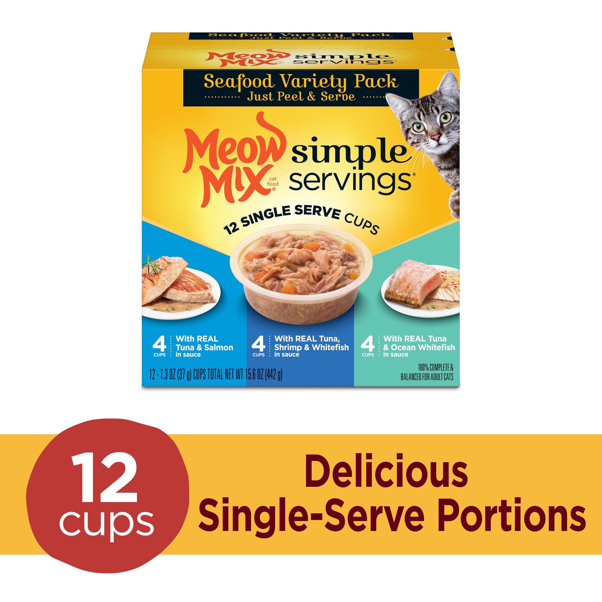 slide 6 of 9, Meow Mix Simple Servings Wet Cat Food Seafood Variety Pack, 1.3oz Cups, 12 ct., 15.6 oz