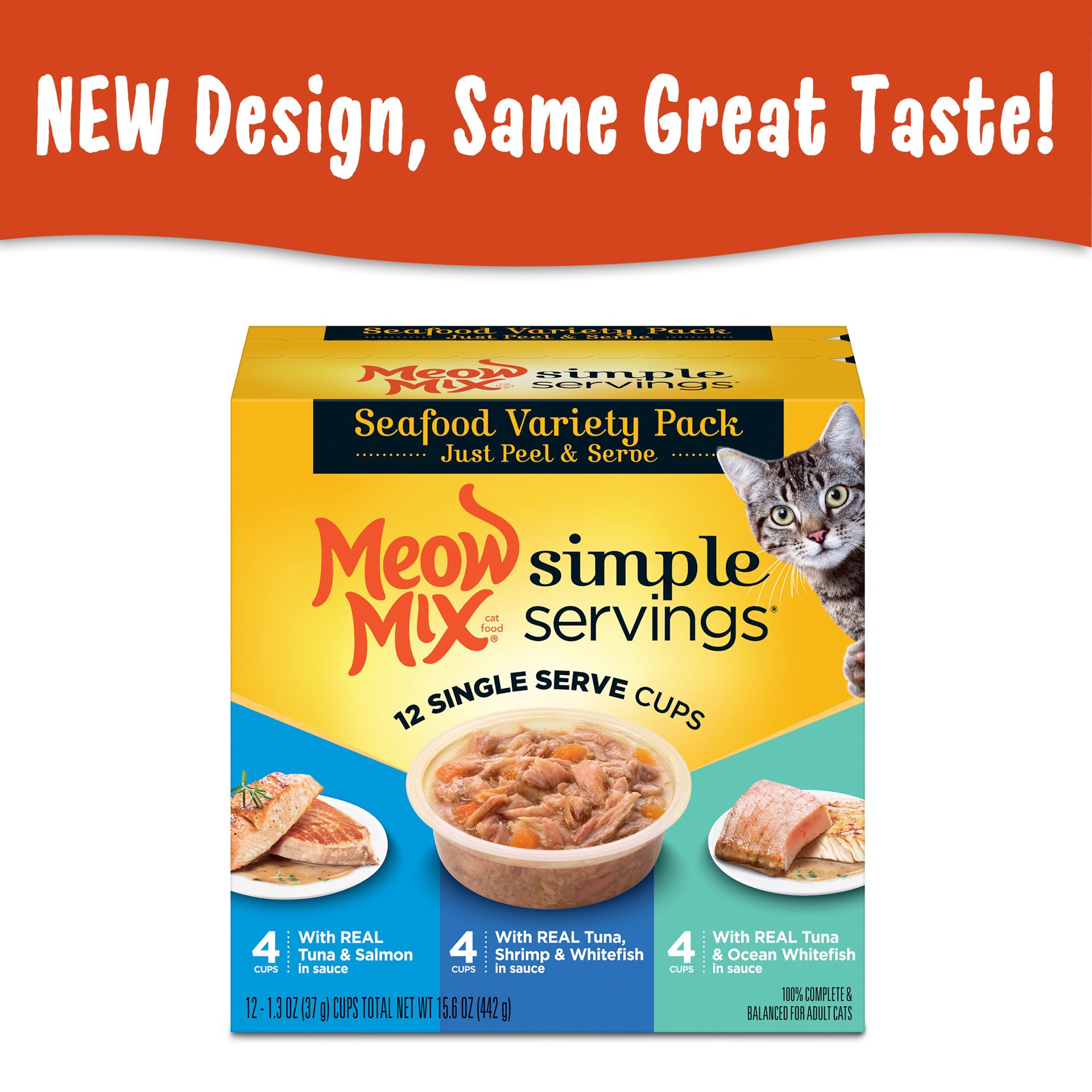 slide 7 of 9, Meow Mix Simple Servings Wet Cat Food Seafood Variety Pack, 1.3oz Cups, 12 ct., 15.6 oz