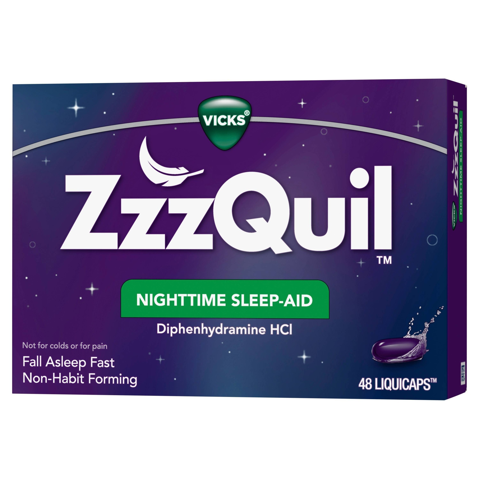 slide 1 of 3, ZzzQuil Sleep Aid Liquid Cap, 48 ct