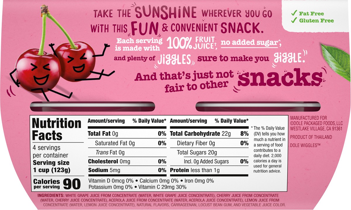 slide 5 of 9, Dole Atomic Fruit Bowls Wiggles Fruit Juice Gels Cherry 4ct 4.3oz Sleeve SKU 03349, 4 ct