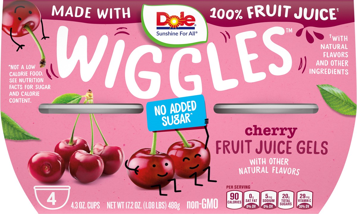 slide 2 of 9, Dole Atomic Fruit Bowls Wiggles Fruit Juice Gels Cherry 4ct 4.3oz Sleeve SKU 03349, 4 ct