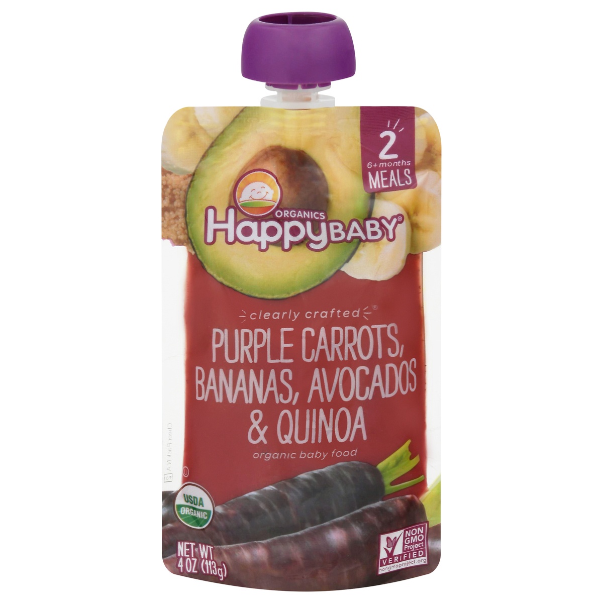 slide 1 of 6, Happy Baby Organics Clearly Crafted Stage 2 Meals Purple Carrots, Bananas, Avocados & Quinoa Pouch 4oz UNIT, 4 oz