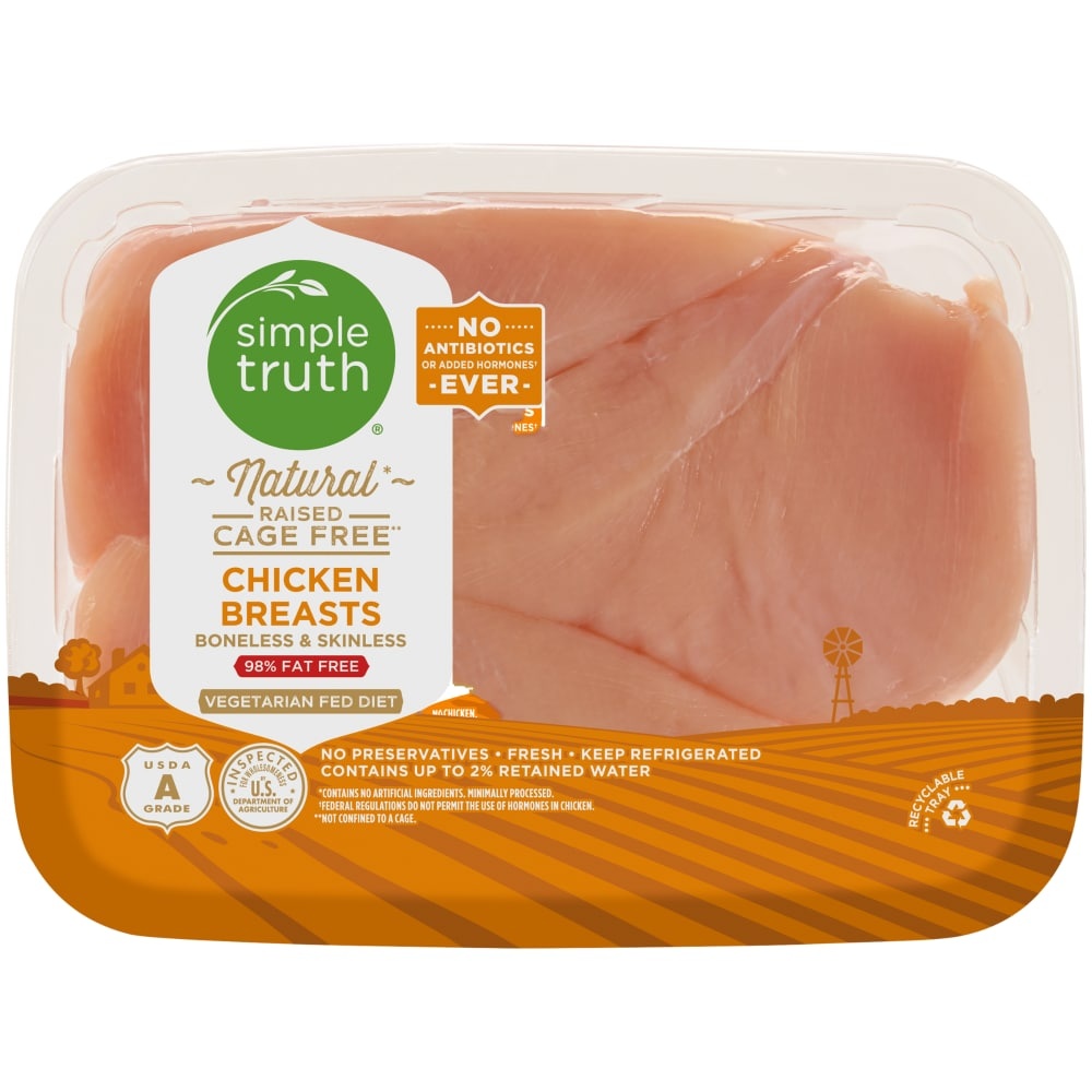 slide 1 of 1, Simple Truth Natural Raised Cage Free Boneless Skinless Chicken Breast, per lb