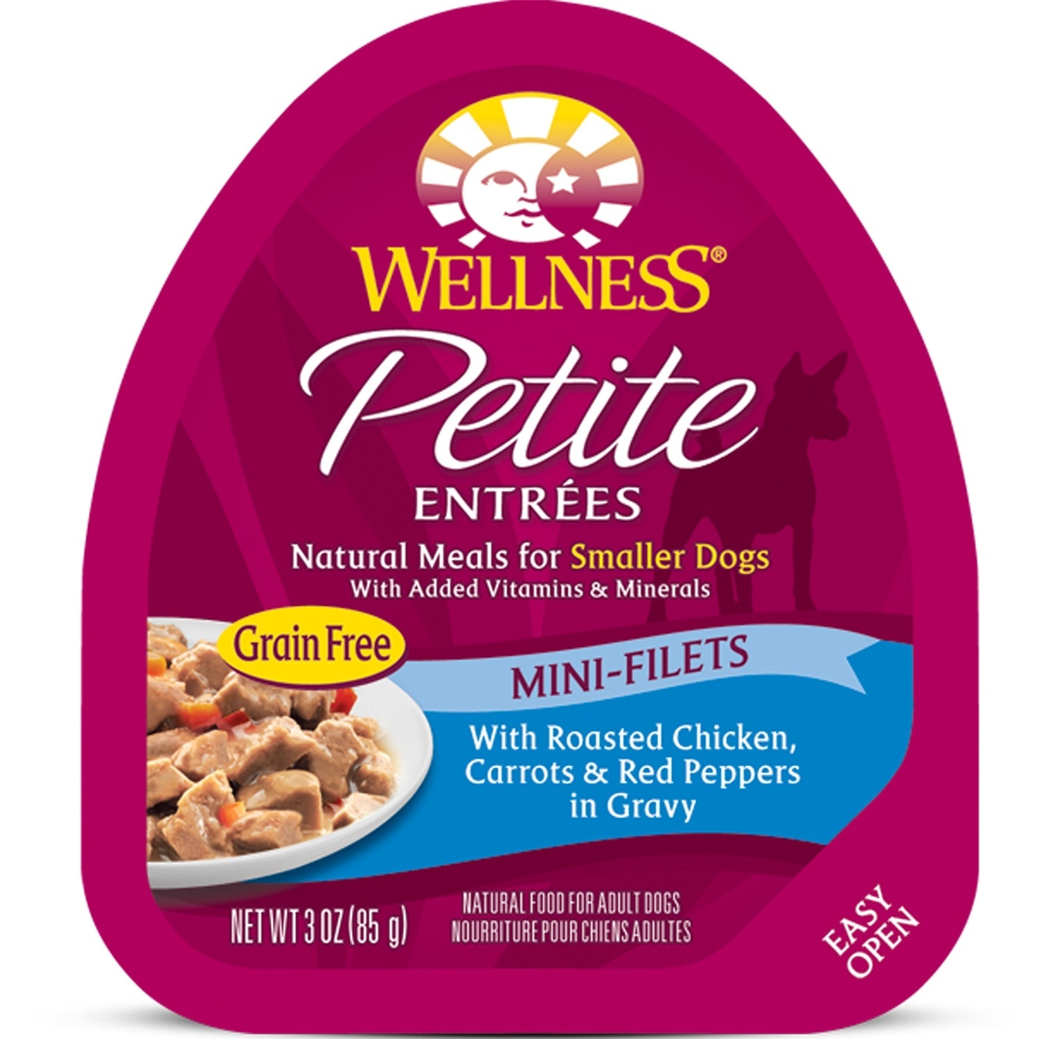 slide 1 of 1, Wellness Petite Entrees Mini-Filets Roasted Chicken, Carrots, & Red Pepper in Gravy Dog Food, 3 oz