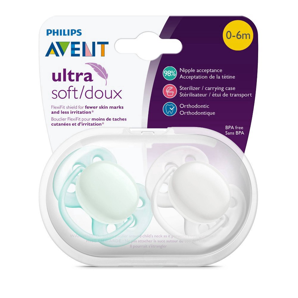 slide 8 of 11, Philips Avent Ultra Soft Pacifier, 0-6 months, Arctic White / Green, 2 pack, SCF091/01, 2 ct
