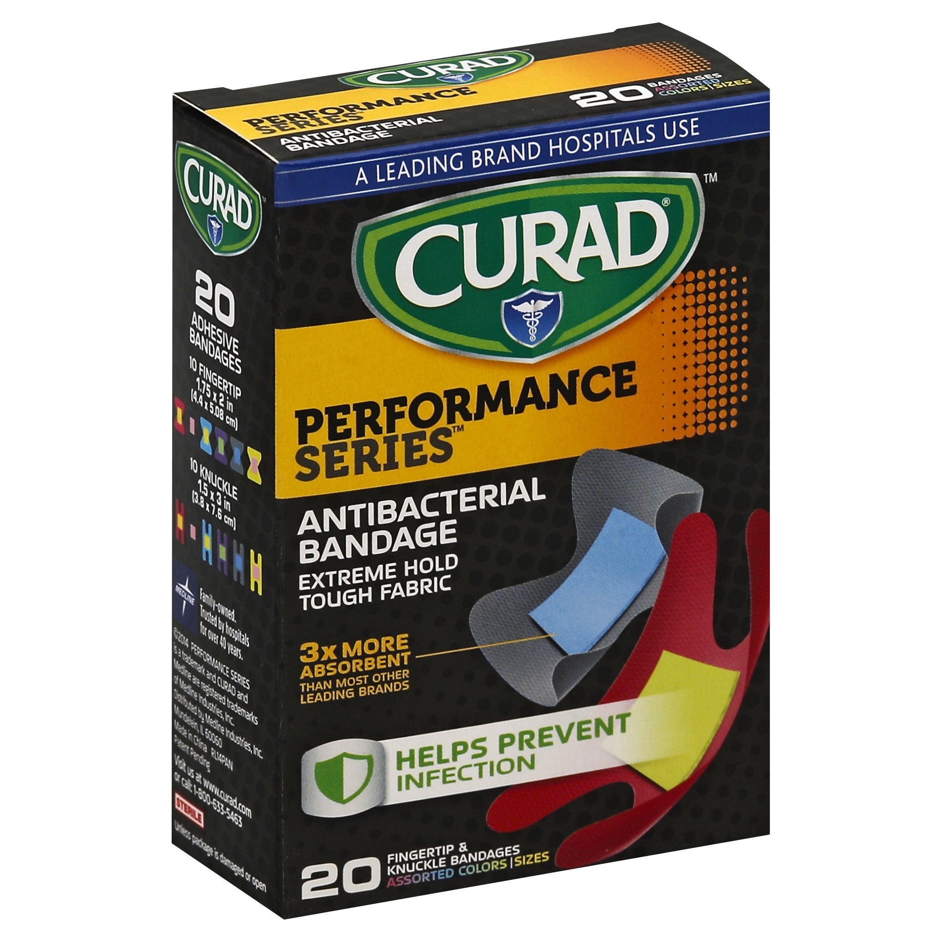 slide 1 of 1, Curad Performance Series Antibacterial Bandage Fingertip & Knuckle Assorted Colors And Sizes, 20 ct