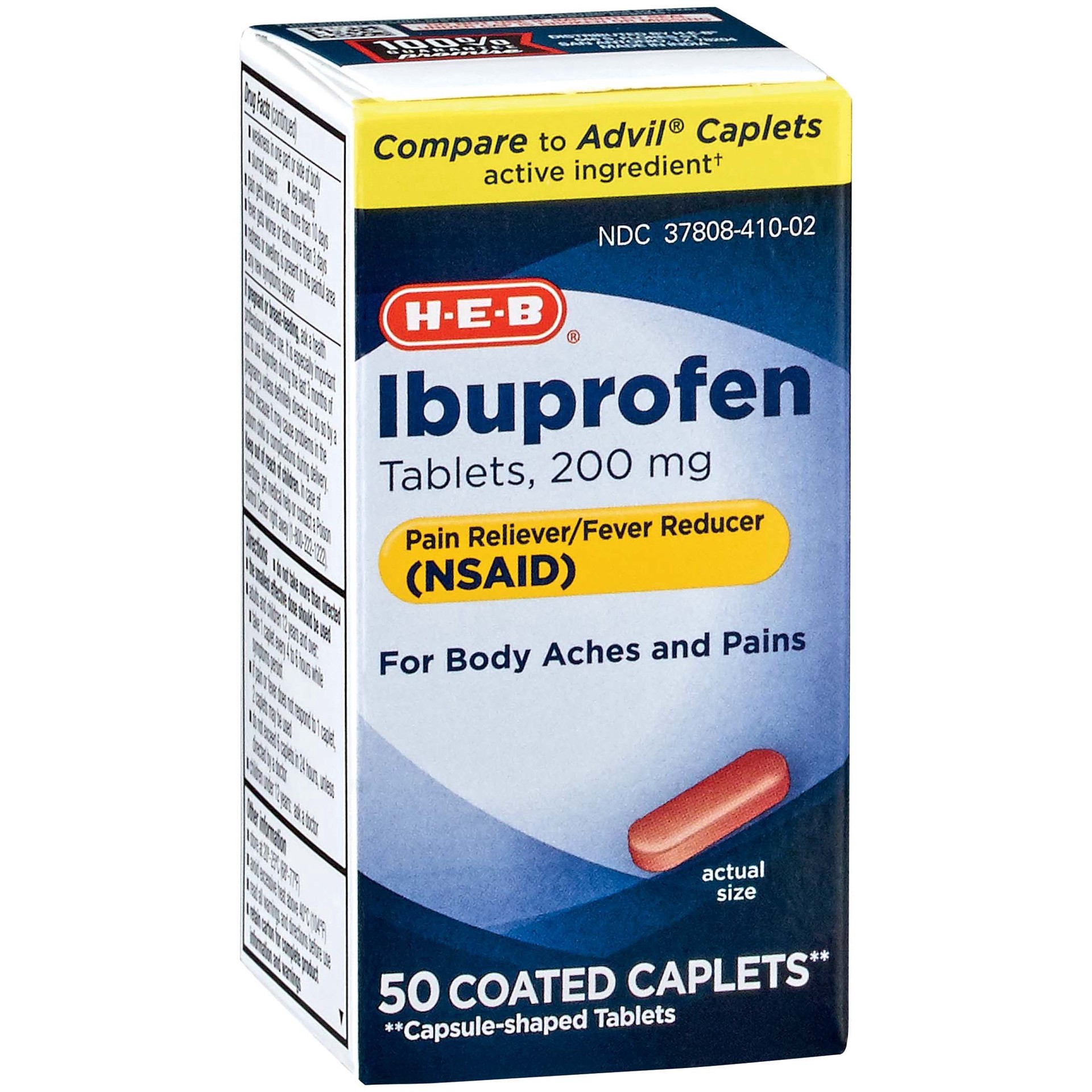 slide 1 of 1, H-E-B Ibuprofen 200 mg Coated Caplets, 50 ct