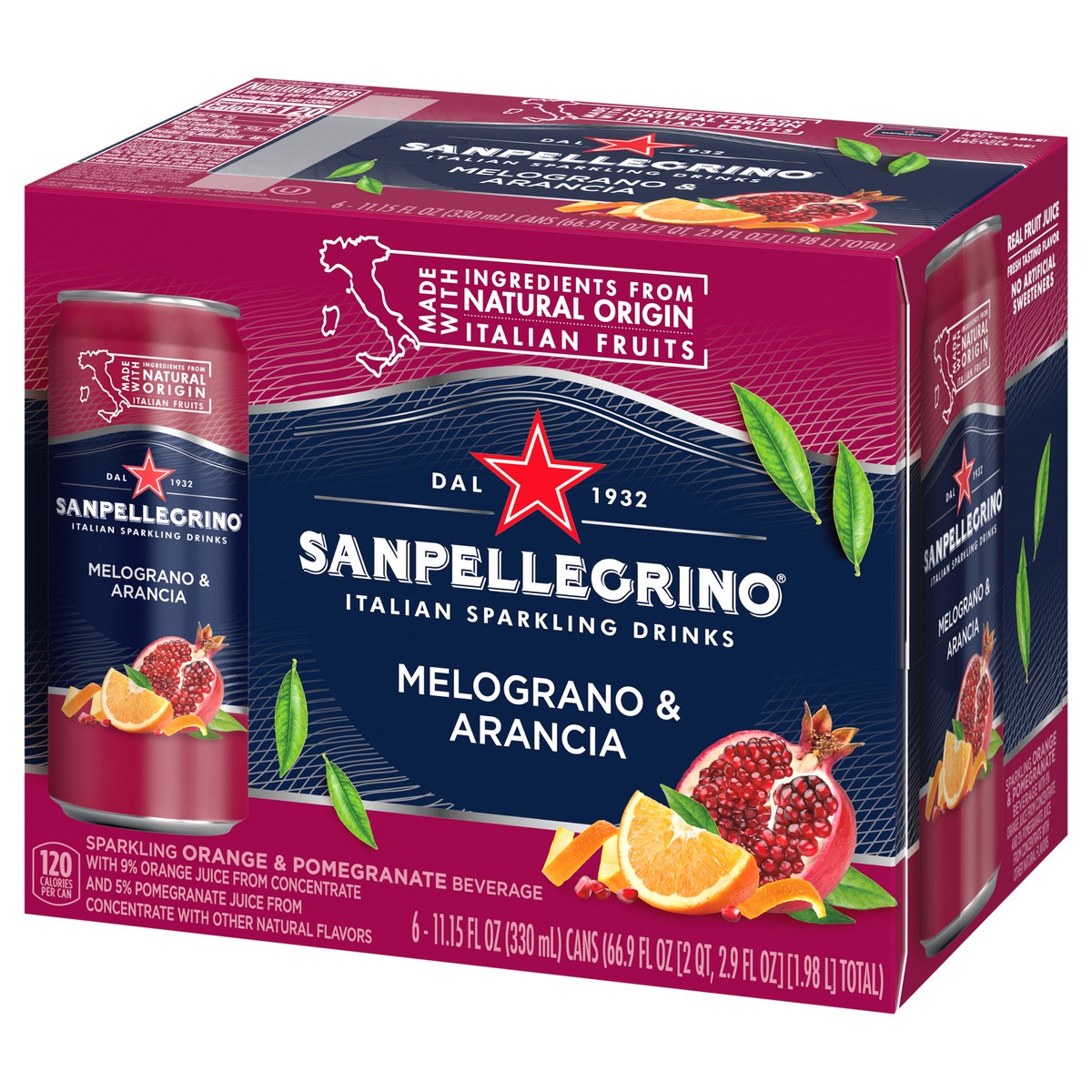 slide 9 of 11, San Pellegrino Italian Sparkling Drink Melograno and Arancia, Sparkling Orange and Pomegranate Beverage, 6 Pack of Cans, 6 ct