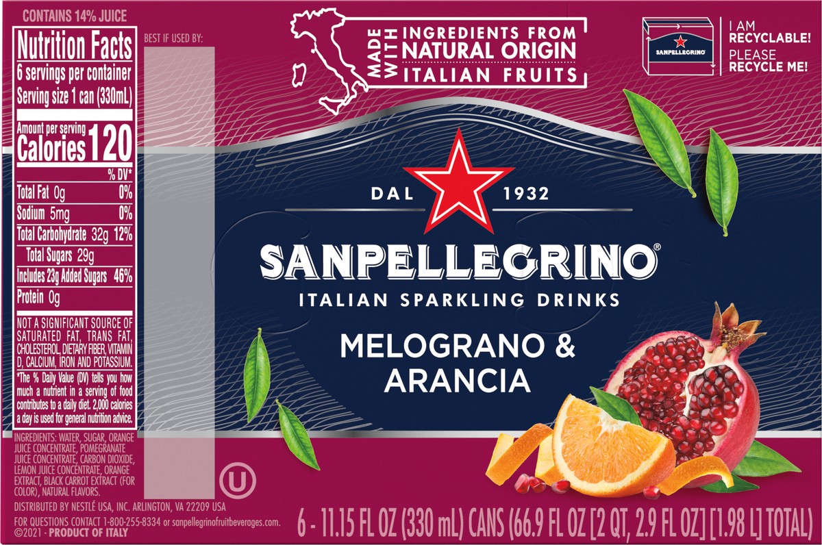slide 11 of 11, San Pellegrino Italian Sparkling Drink Melograno and Arancia, Sparkling Orange and Pomegranate Beverage, 6 Pack of Cans, 6 ct