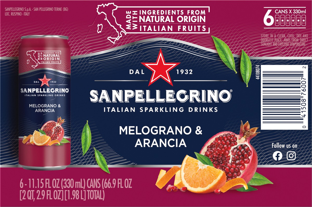 slide 4 of 11, San Pellegrino Italian Sparkling Drink Melograno and Arancia, Sparkling Orange and Pomegranate Beverage, 6 Pack of Cans, 6 ct
