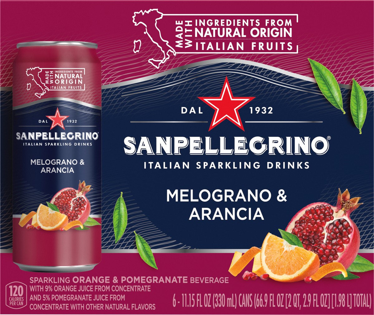 slide 2 of 11, San Pellegrino Italian Sparkling Drink Melograno and Arancia, Sparkling Orange and Pomegranate Beverage, 6 Pack of Cans, 6 ct