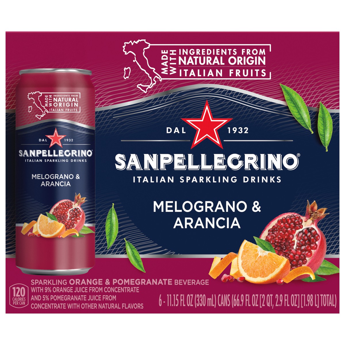 slide 1 of 11, San Pellegrino Italian Sparkling Drink Melograno and Arancia, Sparkling Orange and Pomegranate Beverage, of Cans - 6 ct, 6 ct