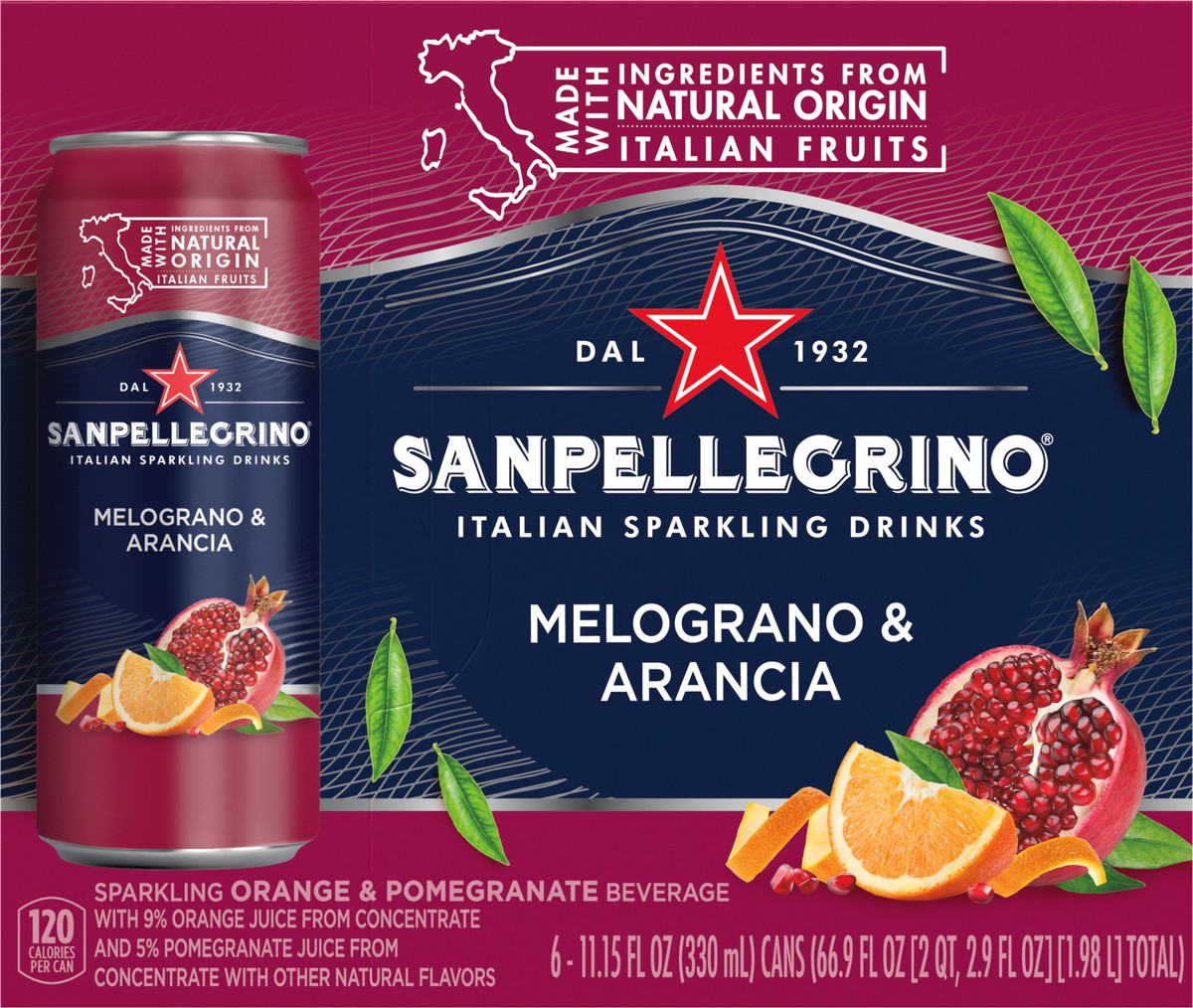 slide 10 of 11, San Pellegrino Italian Sparkling Drink Melograno and Arancia, Sparkling Orange and Pomegranate Beverage, 6 Pack of Cans, 6 ct