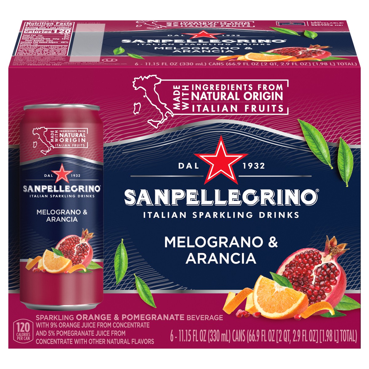 slide 7 of 11, San Pellegrino Italian Sparkling Drink Melograno and Arancia, Sparkling Orange and Pomegranate Beverage, 6 Pack of Cans, 6 ct
