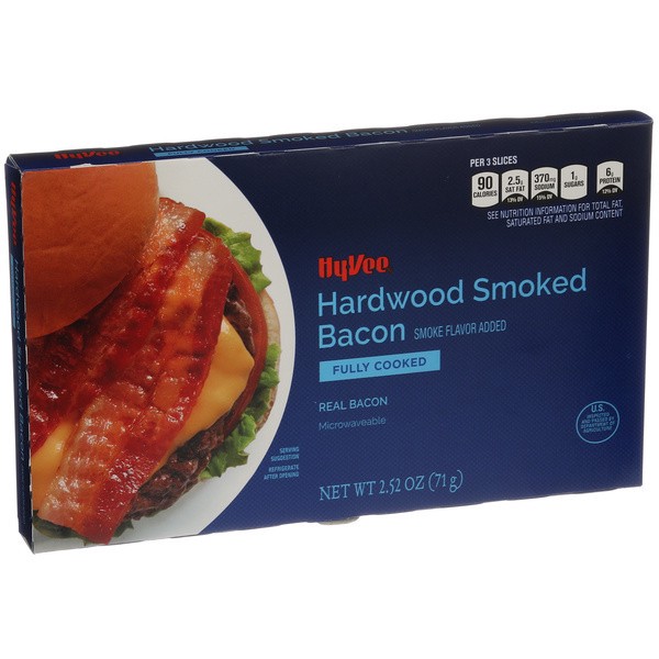slide 1 of 5, Hy-Vee Fully Cooked Bacon, 71.44 g