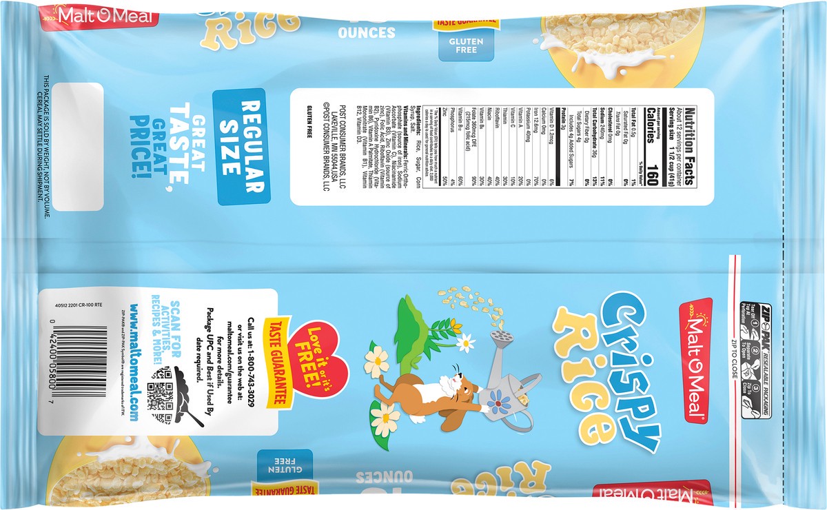 slide 3 of 11, Malt-O-Meal Crispy Rice Cereal, Gluten Free Breakfast Cereal, 18 OZ Resealable Cereal Bag, 18 oz