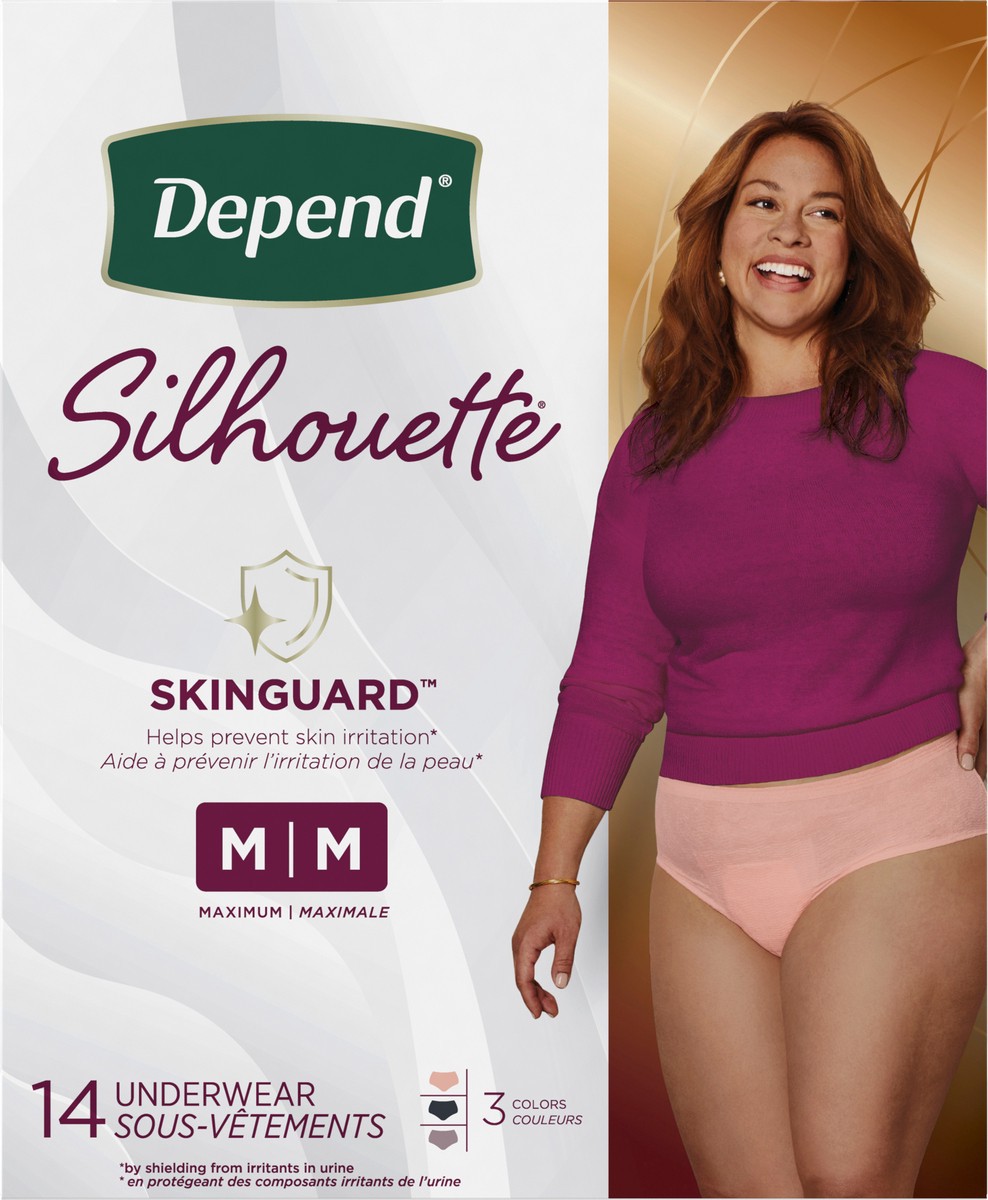 Depend Silhouette Adult Incontinence and Postpartum Underwear for Women,  Medium, Maximum Absorbency, Black, Pink and Berry, 14 Count 14 ct
