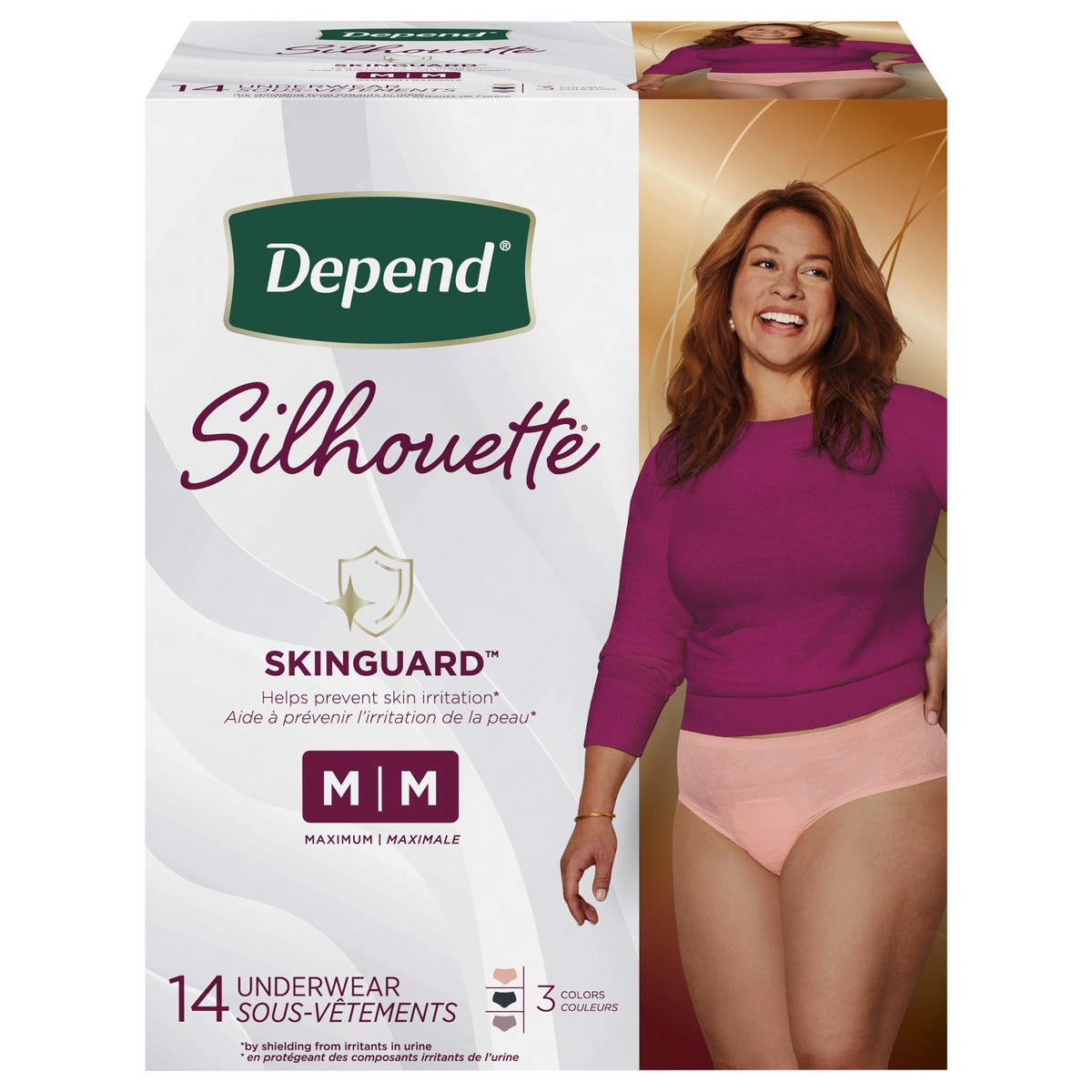 slide 1 of 9, Depend Silhouette Adult Incontinence and Postpartum Underwear for Women, Medium, Maximum Absorbency, Black, Pink and Berry, 14 Count, 14 ct